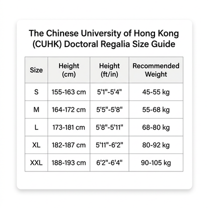 The Chinese University of Hong Kong CUHK Doctoral Regalia Size Guide S to XXL
