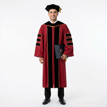 Male Graduate Model in Cardinal Red Deluxe Doctoral Regalia with Gold Piping