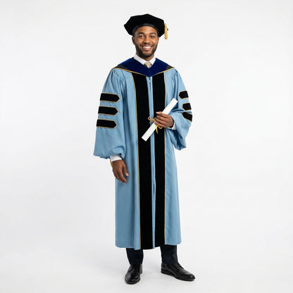 Male Graduate Model in Sky Blue Deluxe Doctoral Regalia with Gold Piping