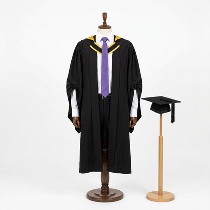 The University of Adelaide Bachelor Regalia Studio Dress Form Front View with Mortarboard on Stand