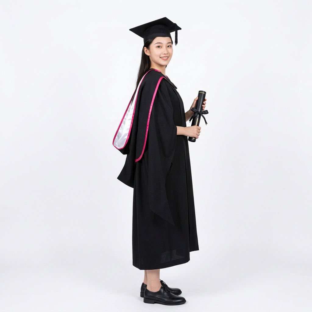 Female Graduate Model in Durham University Master Regalia Three-Quarter View Showing Cerise Hood Drape