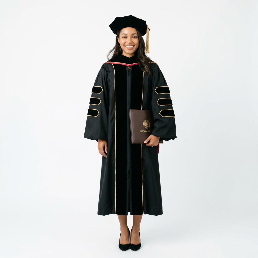 Female Graduate Model in Classic Black Deluxe Doctoral Regalia with Gold Piping