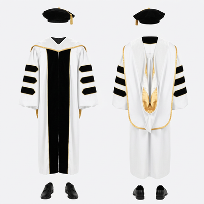 Deluxe Doctoral Regalia 3-Piece Set with Gold Piping Pure White Studio Main Photo