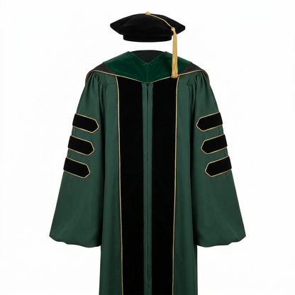 Deluxe Doctoral Regalia 3-Piece Set with Gold Piping Forest Green Studio Main Photo